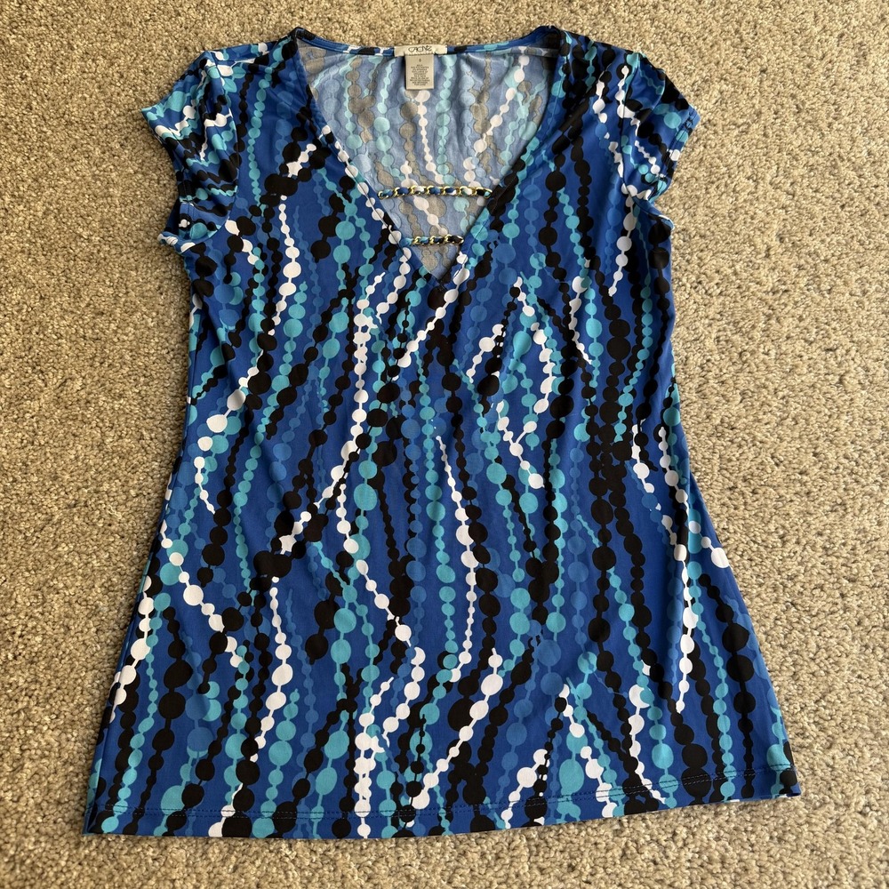 Cache Shirt Womens S Blue Geometric V Neck Strap Detail Cap Sleeve Jersey Top